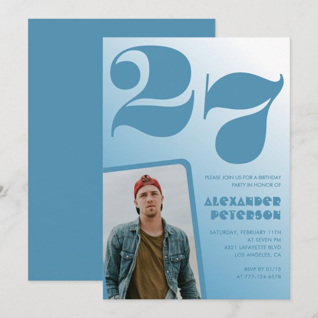 Blue gradient 27th birthday invitations Boy Photo (Front/Back)