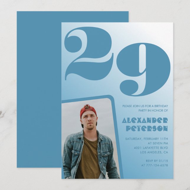 Blue gradient 29th birthday invitations Boy Photo (Front/Back)