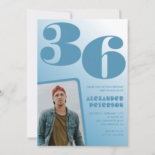 Blue gradient 36th birthday invitations Men Photo (Front)