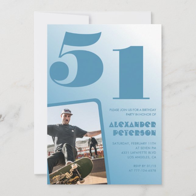Blue gradient 51st birthday invitations Men Photo (Front)
