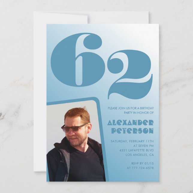 Blue gradient 62nd birthday invitations Men Photo (Front)