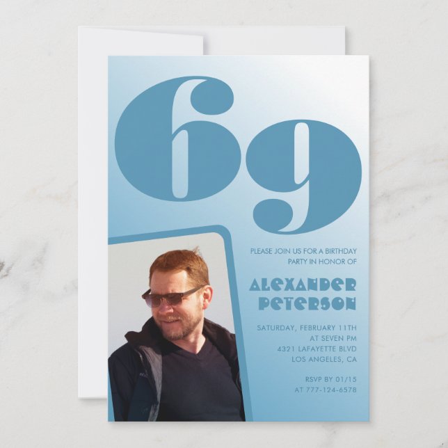 Blue gradient 69th birthday invitations Men Photo (Front)