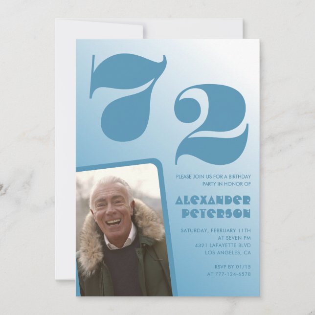 Blue gradient 72nd birthday invitations Men Photo (Front)