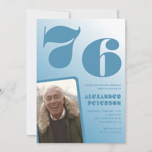 Blue gradient 76th birthday invitations Men Photo (Front)