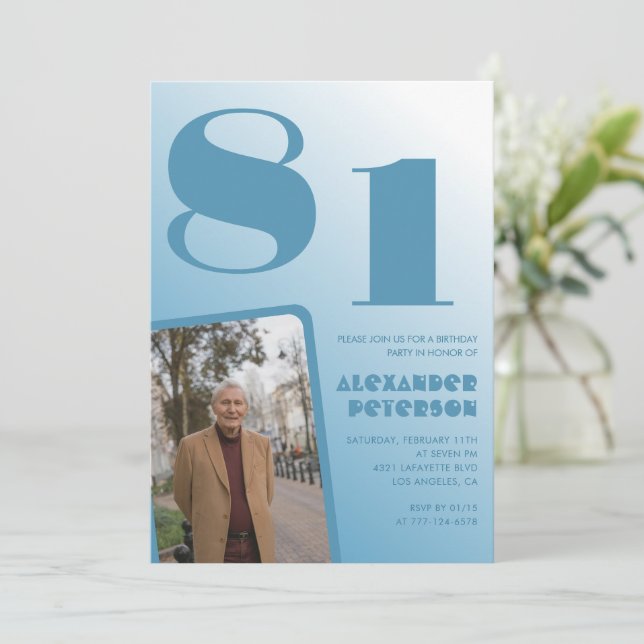 Blue gradient 81st birthday invitations Men Photo (Standing Front)