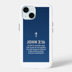 Blue Gradient Bible Verse John 3:16 Orthodox Cross iPhone 15 Case
