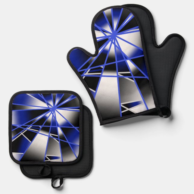 Blue Gradient Colour Fill Mechanical Drawing Mosai Oven Mitt & Pot Holder Set (Front/Back)