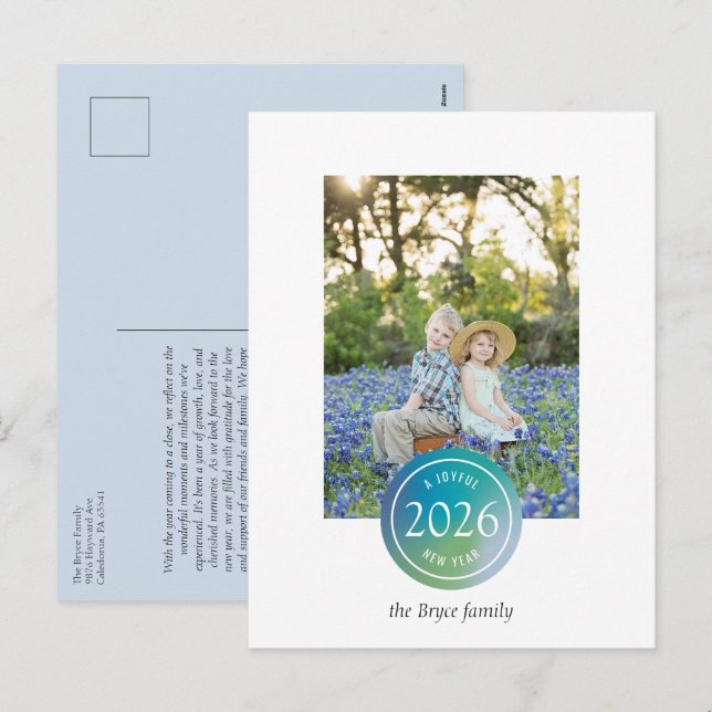 Blue Gradient Dot Joyful New Year Photo Holiday Postcard (Front/Back)