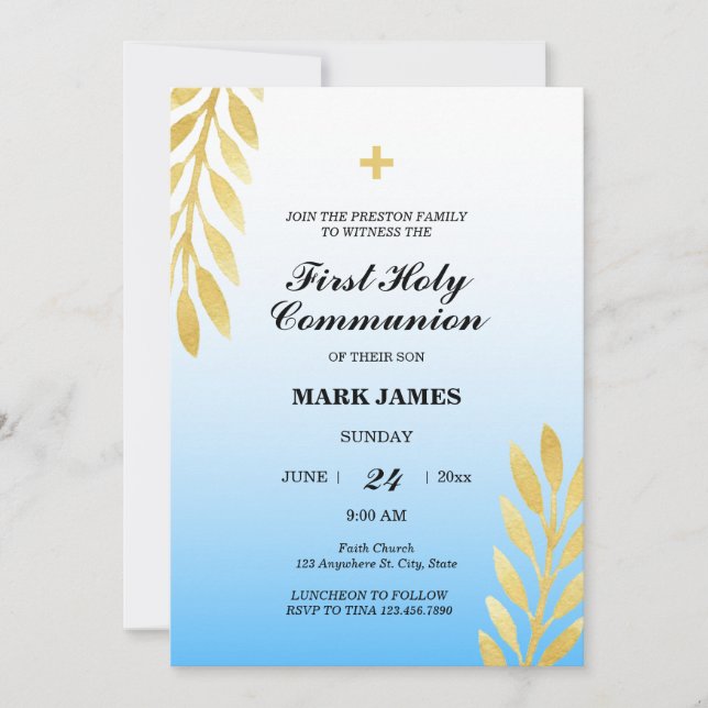Blue Gradient & Gold Leaves First Holy Communion Invitation (Front)