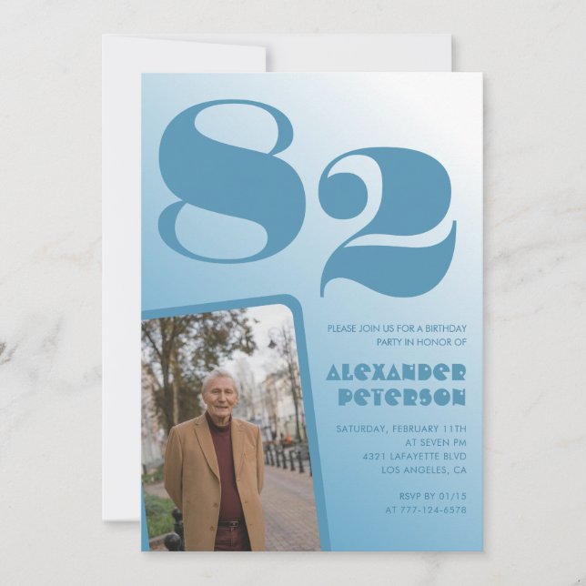 Blue Gradient Photo 82nd birthday Invitation (Front)