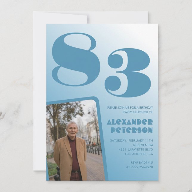 Blue Gradient Photo 83rd birthday Invitation (Front)