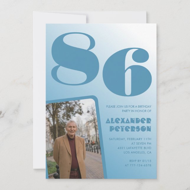 Blue Gradient Photo 86th birthday Invitation (Front)