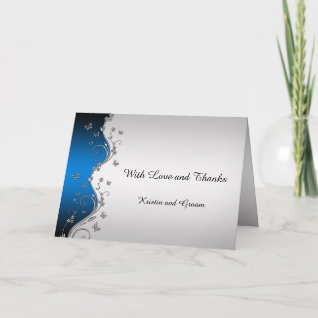 Blue Gradient Silver Ornate Butterflies Wedding Thank You Card (Front)