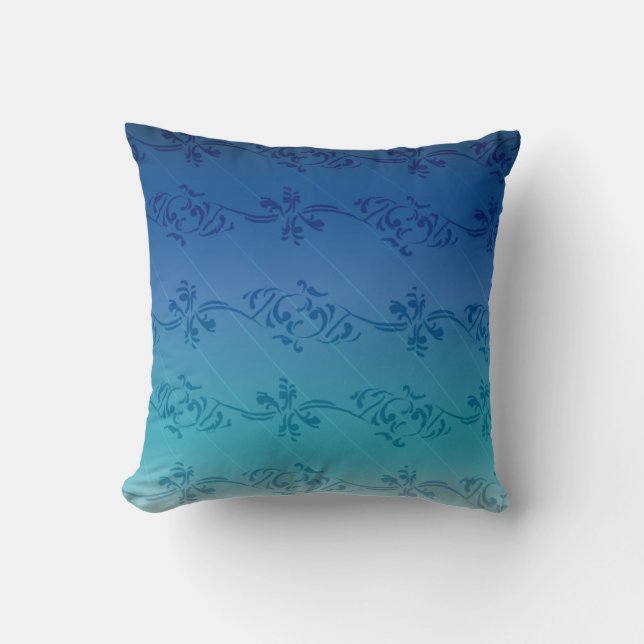 Blue Gradient Striped Floral Leaf Pattern Cushion (Front)