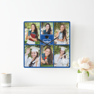 Blue Graduate Photo Collage 2025 Custom Graduation Square Wall Clock