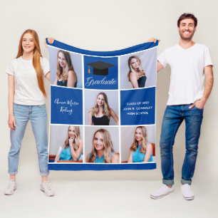 Blue Graduate Photo Collage Custom Graduation 2026 Fleece Blanket