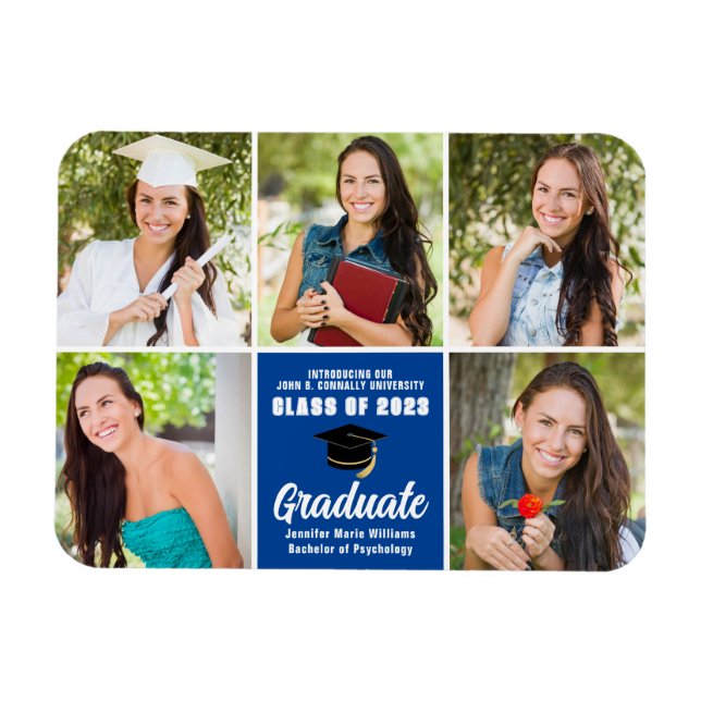 Blue Graduate Photo Collage Custom Graduation Magnet (Horizontal)