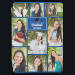 Blue Graduate Photo Collage Cute 2024 Graduation iPad Air Cover<br><div class="desc">This modern blue senior graduate photo collage notebook features your favourite 9 student photographs. This graduation design features classy white typography of your high school or college name for the class of 2024. Customise this keepsake gift with your graduating year below the black grad cap. It features 2 horizontal pictures,...</div>