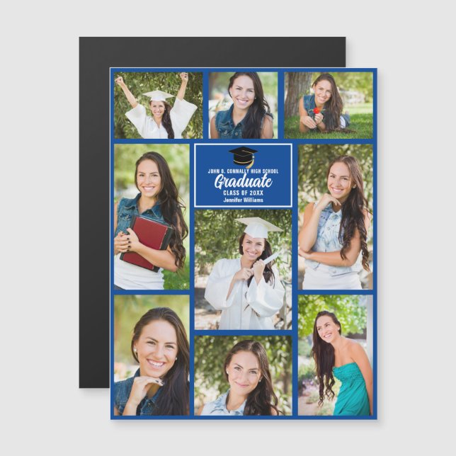Blue Graduate Photo Collage Graduation Magnet Card (Front/Back)