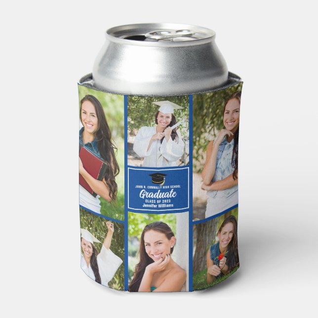 Blue Graduate Photo Collage Modern 2025 Graduation Can Cooler (Can Front)