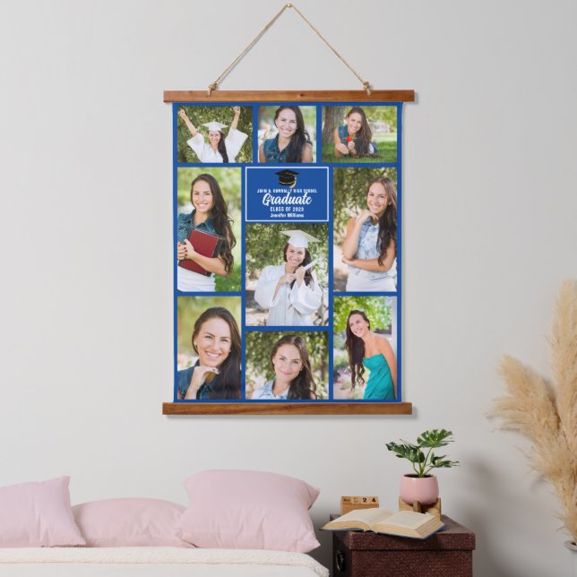 Blue Graduate Photo Collage Modern 2025 Graduation Hanging Tapestry (Bedroom)