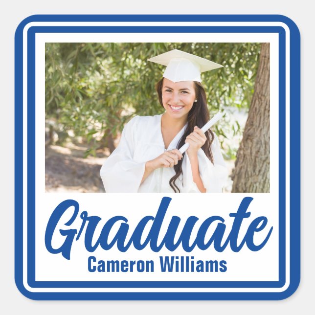 Blue Graduate Photo Personalised Graduation Square Sticker (Front)