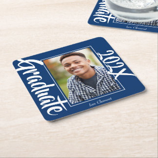 Blue Graduate Photo Personalised Party Square Paper Coaster