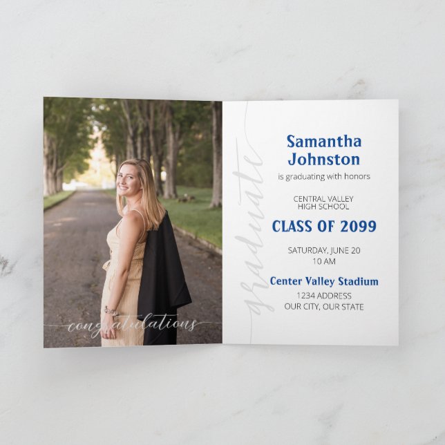 Blue Graduate Script Modern Photo Invitation (Inside)