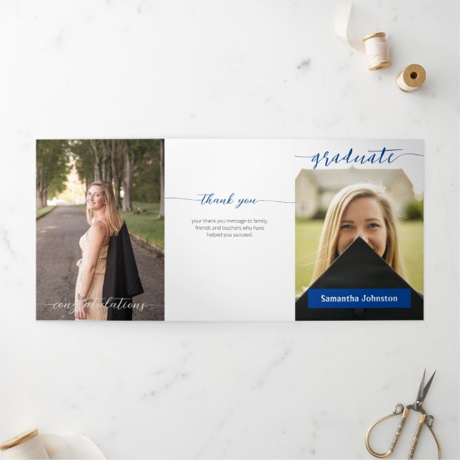 Blue Graduate Script Modern Three Photo Tri-Fold Invitation (Outside)