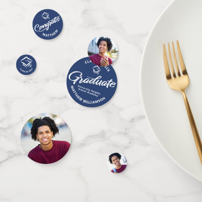 Blue Graduation 3 Photo Bold Script Cap Minimalist Confetti (Group)