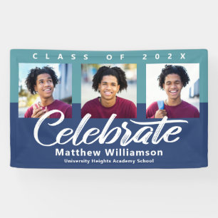 Blue Graduation 3 Photo Bold Script Modern Minimal Banner