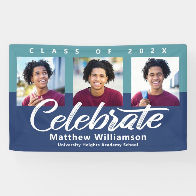 Blue Graduation 3 Photo Bold Script Modern Minimal Banner (Horizontal)