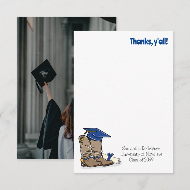 Blue Graduation Cap and Cowboy Boot Thank You Card (Front/Back)