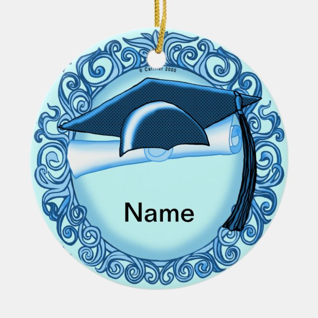 Blue Graduation Cap Ceramic Tree Decoration (Front)