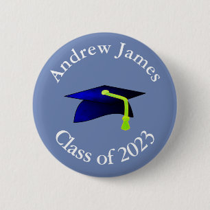 blue graduation cap - class of 2023 -your name 6 cm round badge