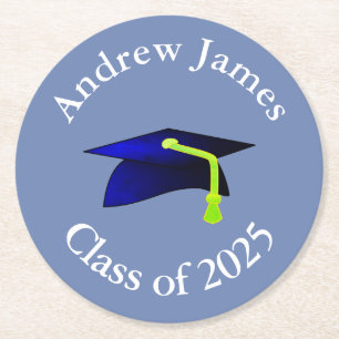 blue graduation cap - class of 2024  -your name round paper coaster