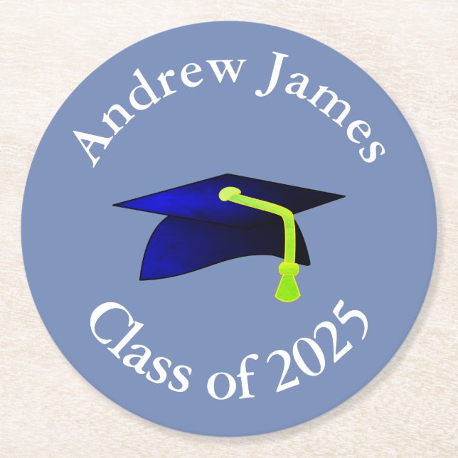 blue graduation cap - class of 2025  -your name round paper coaster (Front)