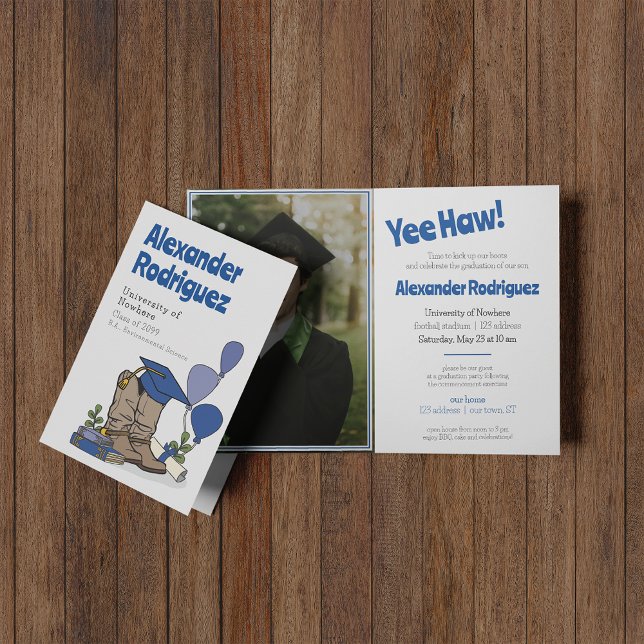 Blue Graduation Cap Cowboy Boot Arrangement Invitation (Creator Uploaded)