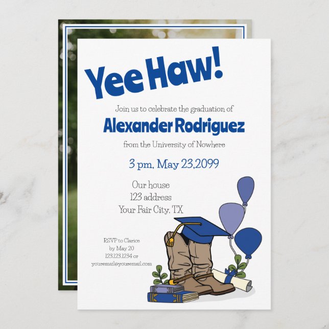 Blue Graduation Cap Cowboy Boot Arrangement Invitation (Front/Back)