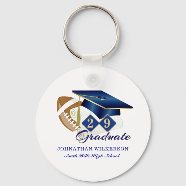 Blue Graduation Cap Football Personalised Key Ring (Front)