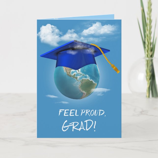 Blue Graduation Cap on Planet Earth Card (Front)