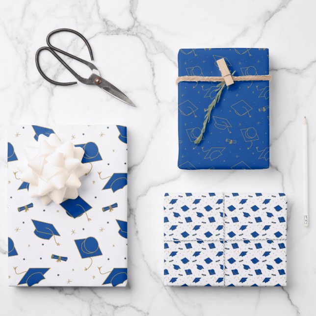 Blue Graduation Cap Toss Wrapping Paper Sheet (Front)