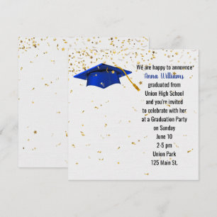 Blue Graduation Cap with Gold Confetti Invitation