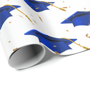 Blue Graduation Caps and Gold Confetti   Wrapping Paper