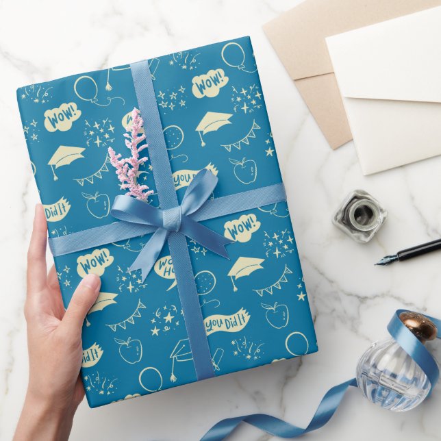 Blue Graduation Hand Drawn Scribble Pattern Wrapping Paper (Gifting)