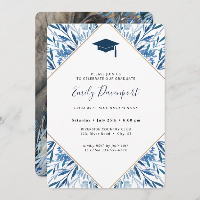Blue Graduation Invitation Photo on back (Front/Back)