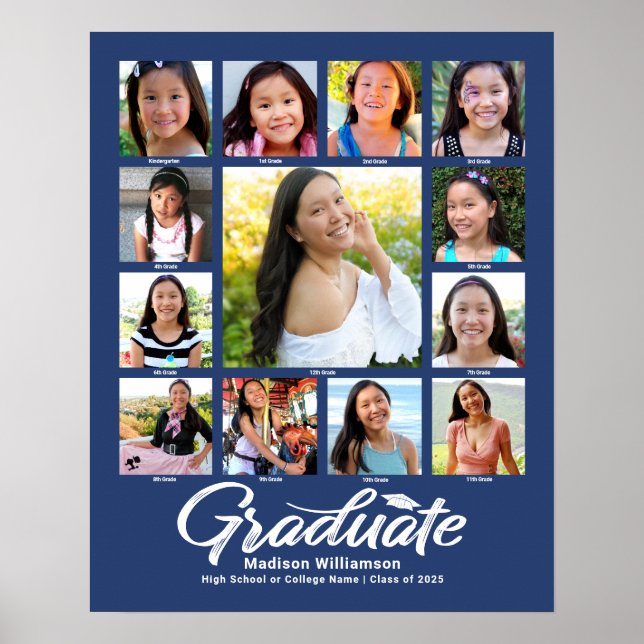 Blue Graduation K–12 Photo Collage Script Modern Poster (Front)