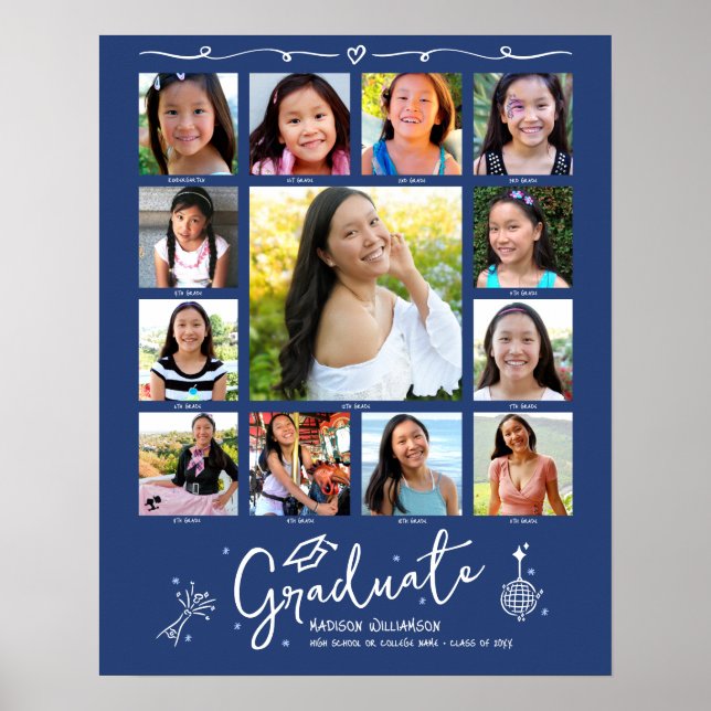 Blue Graduation K–12 Photo Collage White Doodles Poster (Front)
