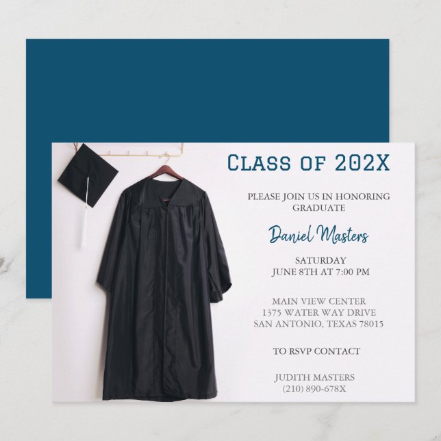 Blue Graduation Party cap and gown invitation (Front/Back)