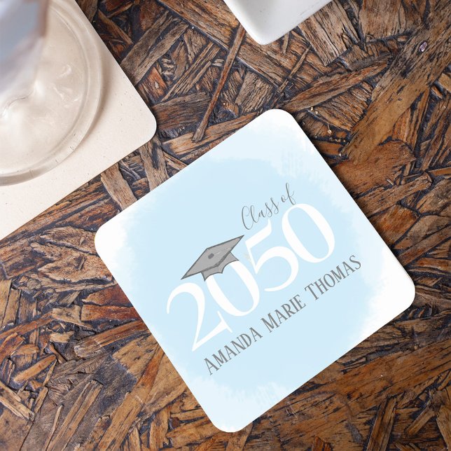 Blue Graduation Party Modern Custom Square Paper Coaster (Light blue graduation paper coaster)